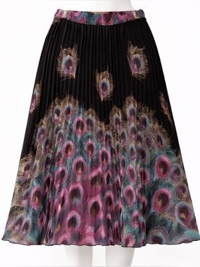 Peacock Feather Print Midi Pull on  Skirt Pleated Multicolor Lined Elastic Waist